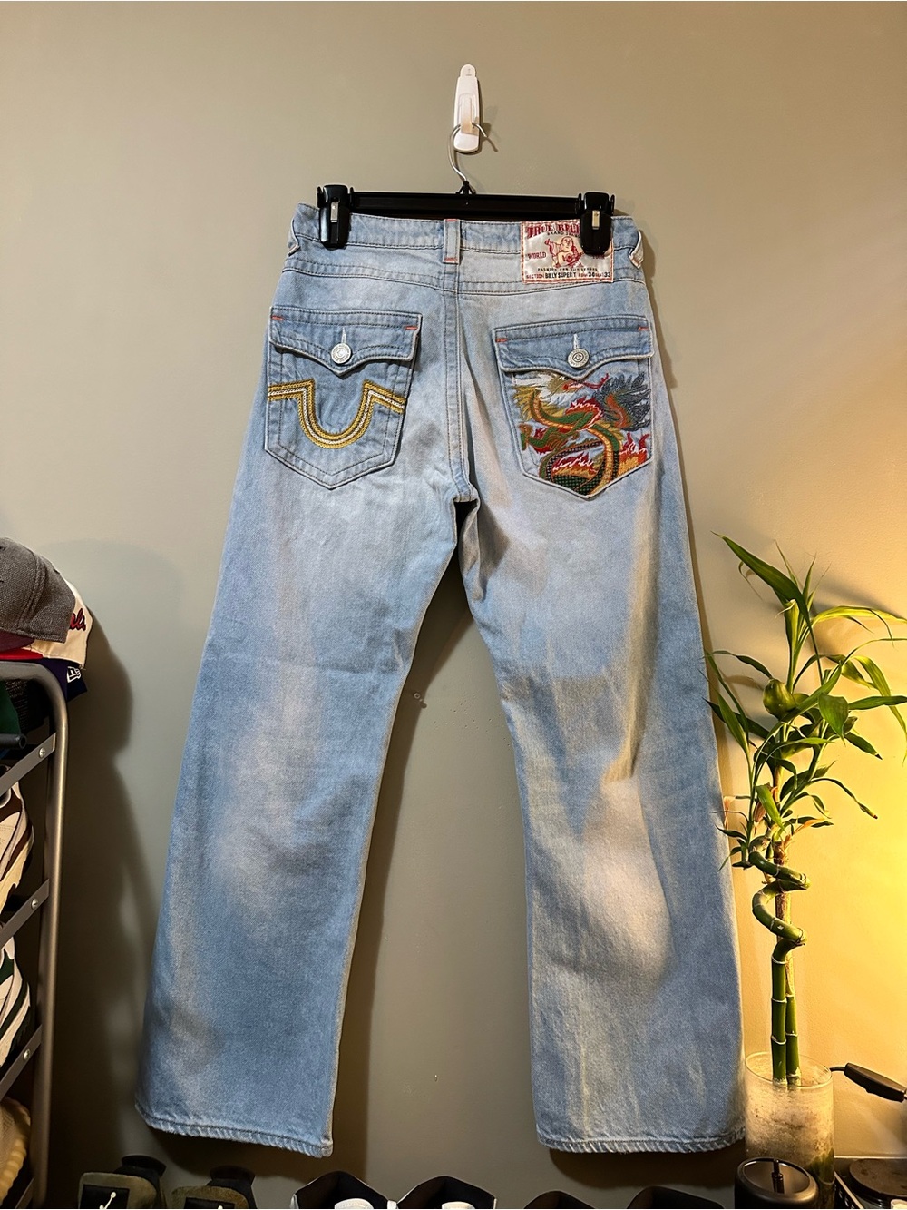 True Religion Light Blue Straight-Leg Jeans with Embroidered Dragon